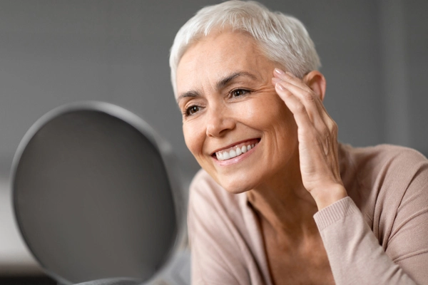 Eine Frau mittleren Alters betrachtet ihr Gesicht im Spiegel 